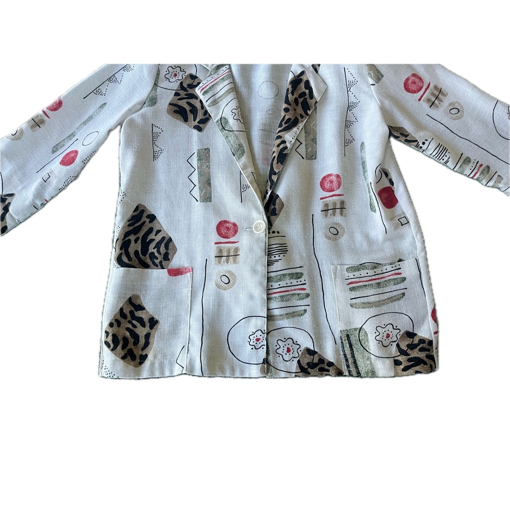Vintage 90s Geometric Leopard Linen Blend Blazer Jacket Sz L Funky Art Deco Chic - Picture 3 of 6